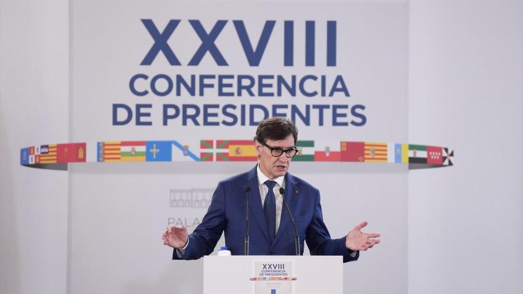 El presidente de la Generalitat de Catalunya, Salvador Illa, ofrece una rueda de prensa posterior a la reunión de la XXVIII Conferencia de Presidentes, en Palau de Pedralbes de Barcelona, a 6 de junio de 2025, en Barcelona, Catalunya (España)